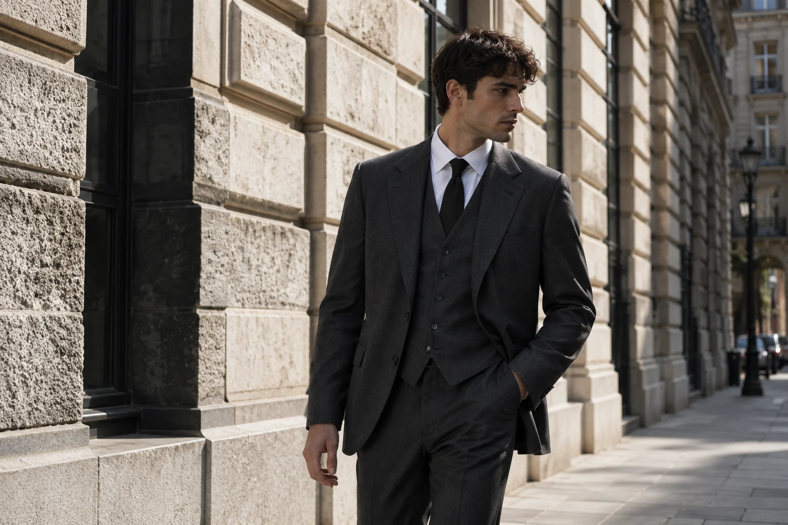 Charcoal tailoring beside a limestone city facade
