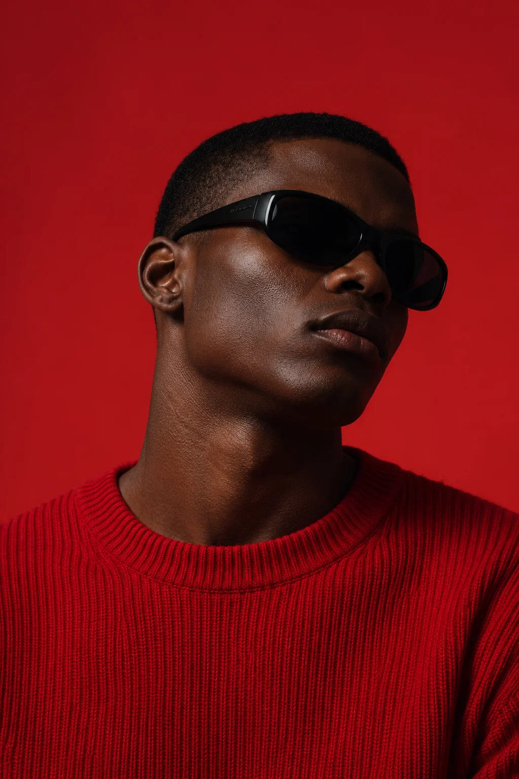 Red studio portrait with a ribbed sweater and black sunglasses